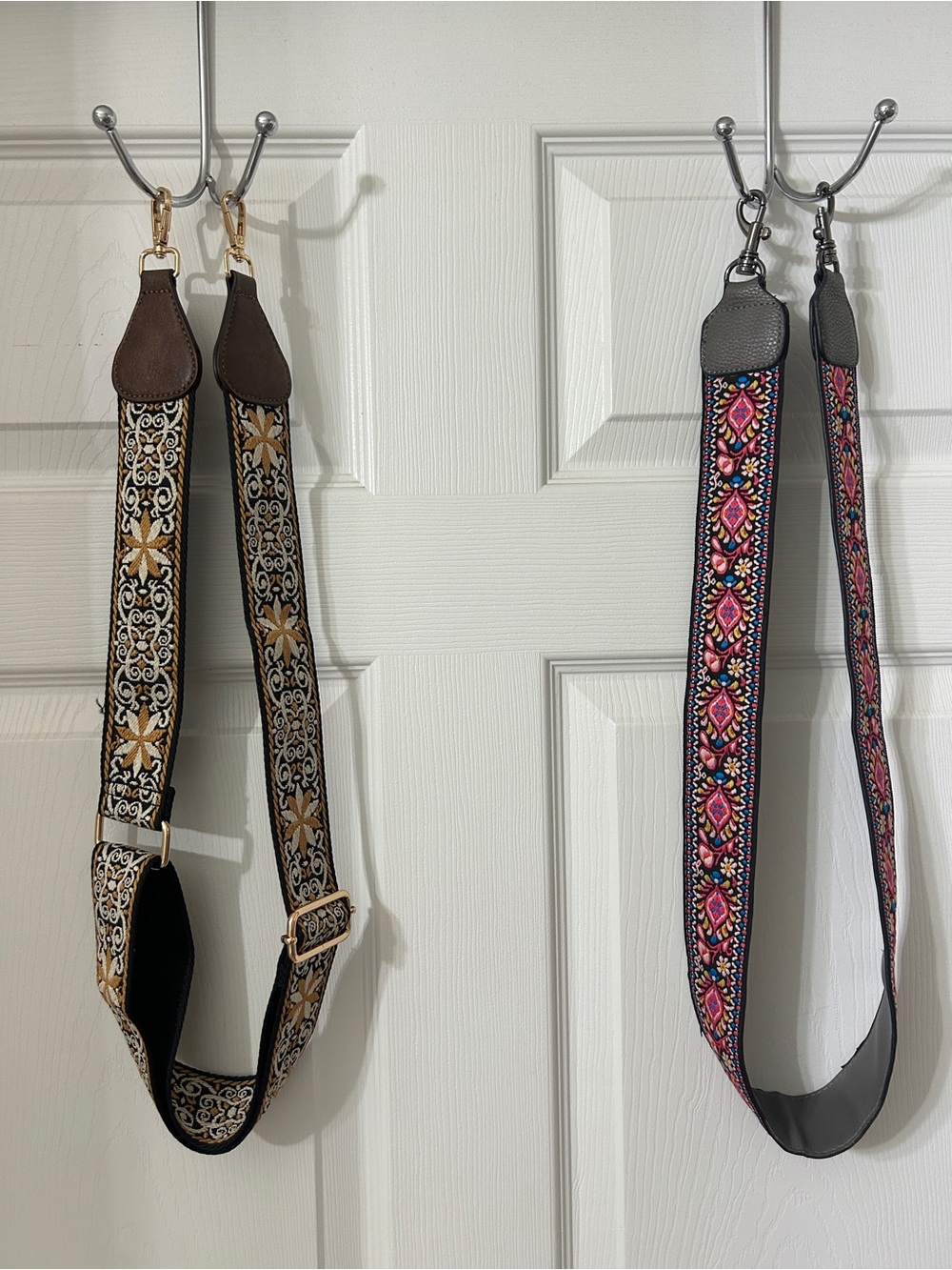 Pair of Adjustable Bag/Purse Straps - Brown & Pink Embroidered